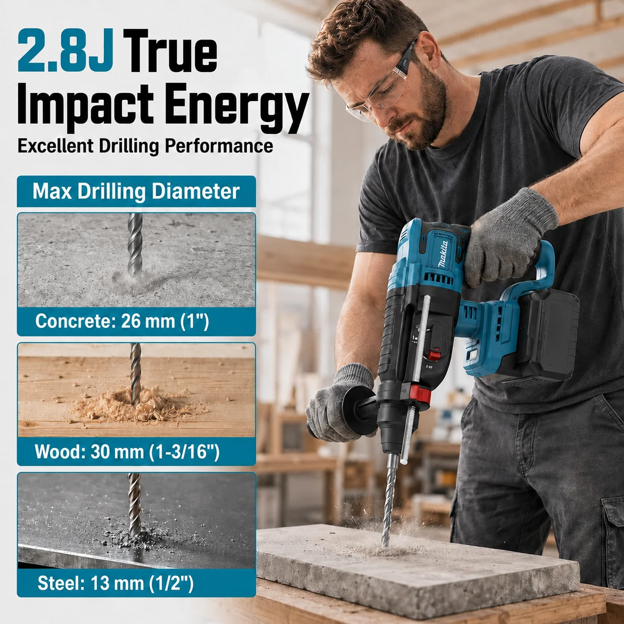 Power Tools Jack Hammer - マキタ DHR242 18V LXT ® リチウムイオン充電式、ブラシレスモーター搭載、プロ仕様、2モード切替式、高耐久性ロータリーハンマードリル、26mmコンクリート用、4700IPM