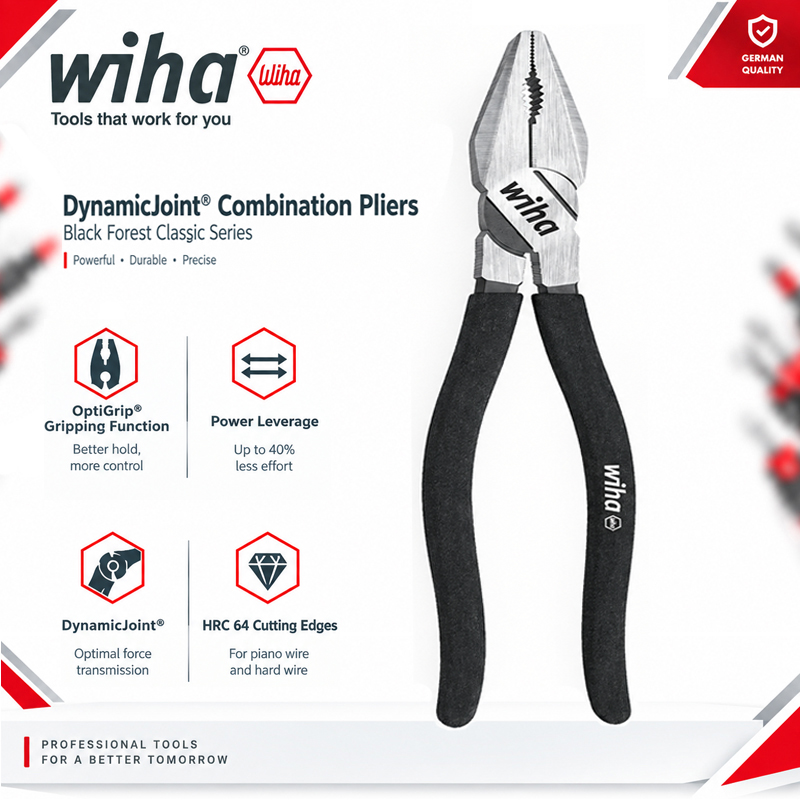 Power Tools Germany - Wiha 45838 ダイナミックジョイント ® ブラックフォレスト 3点グリップ式コンビネーションプライヤー、64HRC硬度のワイヤーカッター（硬質・軟質ケーブル用）。